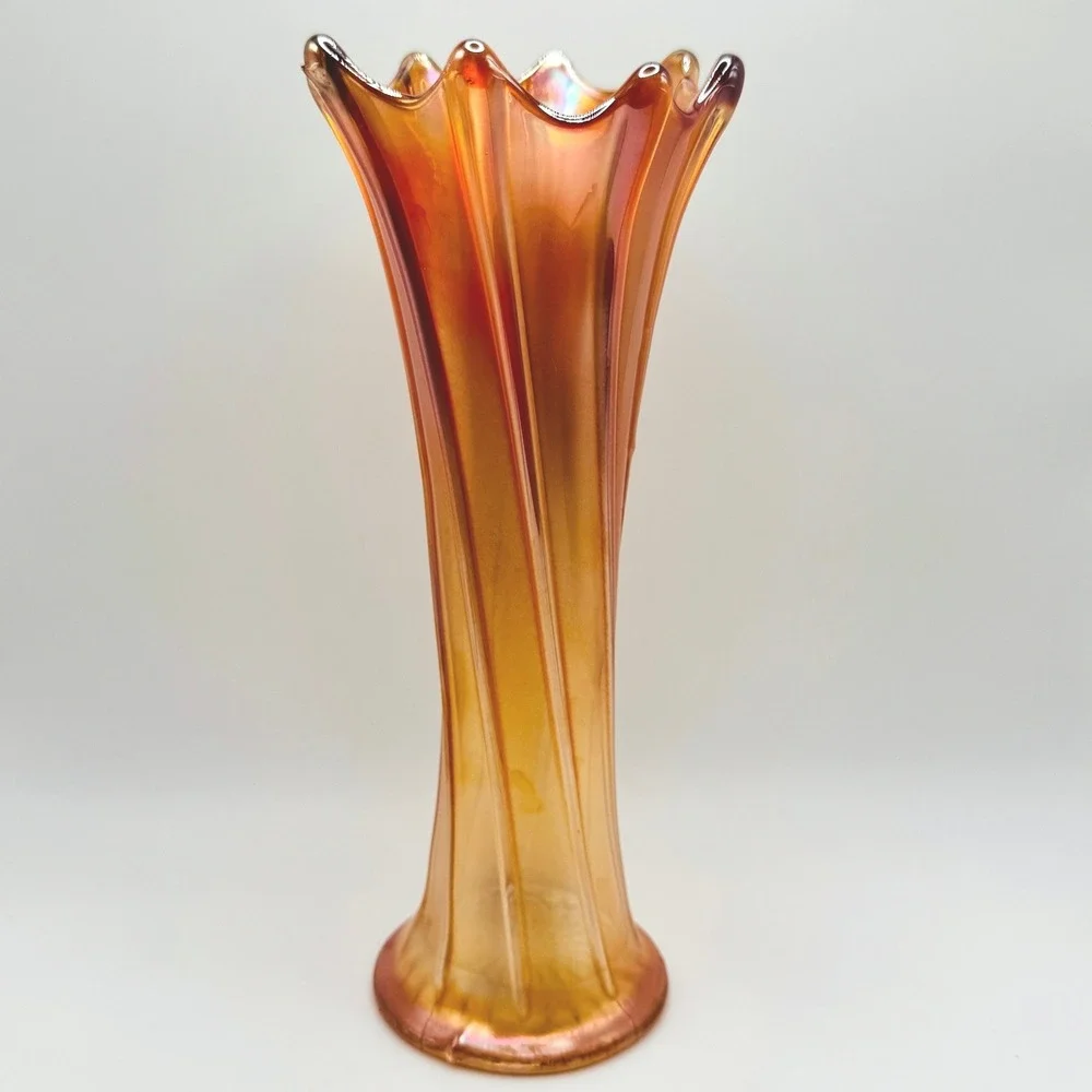 Antique Northwood Thin Rib Marigold Carnival Glass Vase Ruffled Rim c1910